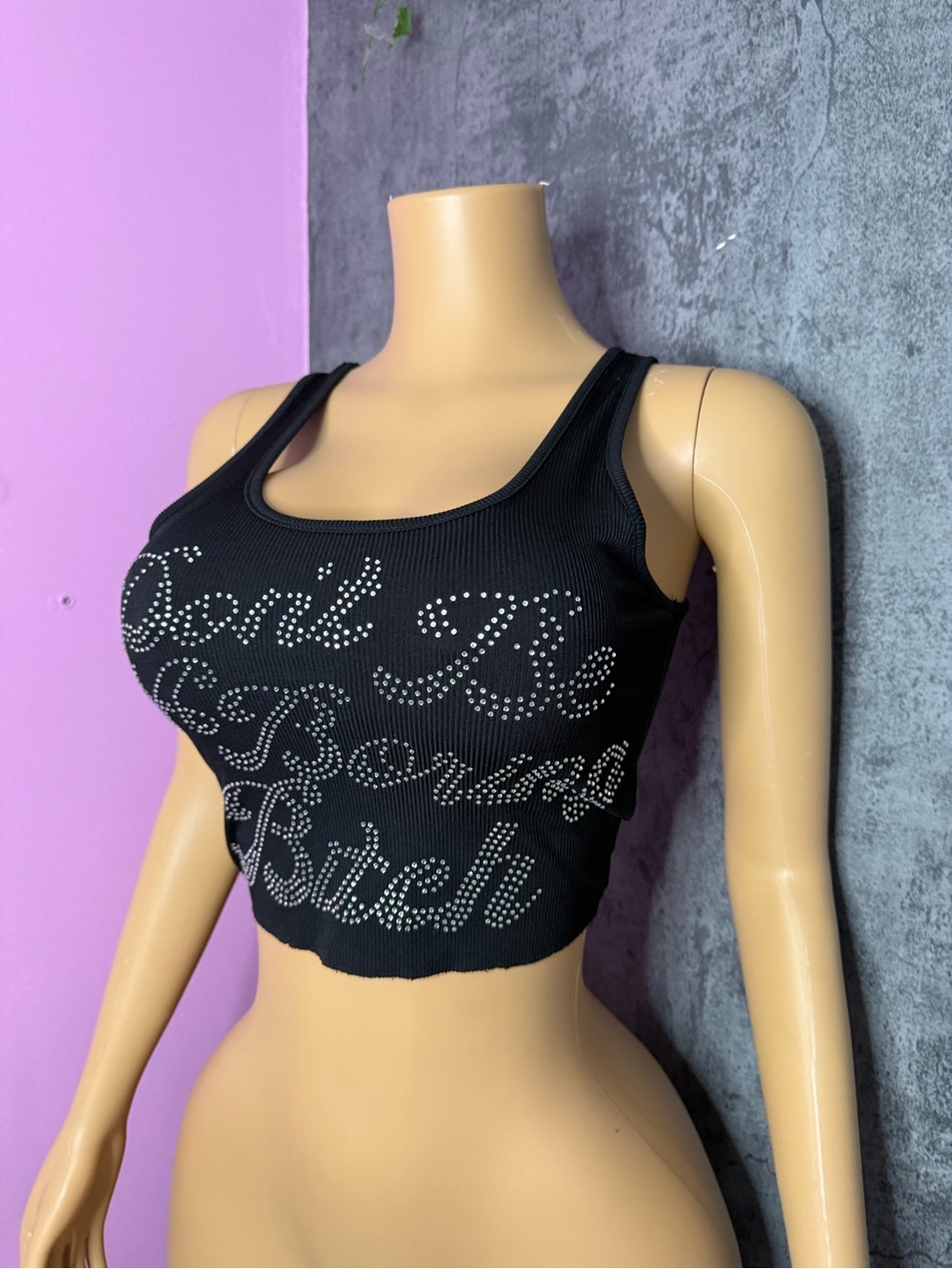 Black Rhinestone Slogan Crop Tank Top